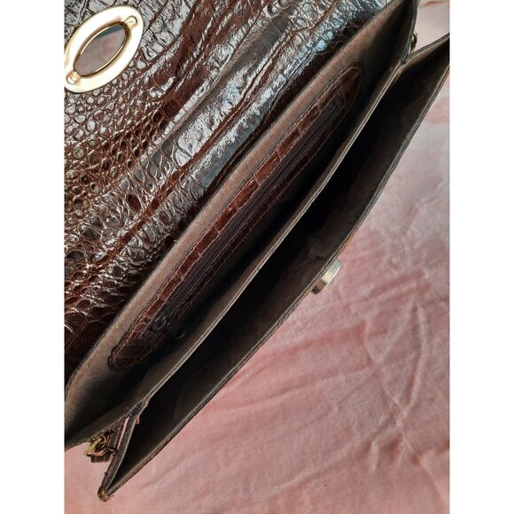 vintage Italian Leather Handbag Bag Brown Faux Croc Embossed Suede Top Handle - Picture 9 of 12